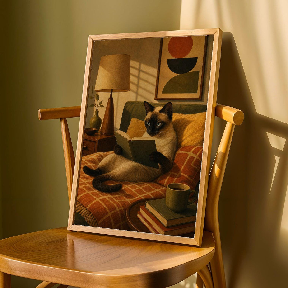 Siamese Cat Reading in Bed Poster | Modern Minimalist Cat Wall Art | Neutral Contemporary Living Room Print | Cozy Bedroom Home Decor