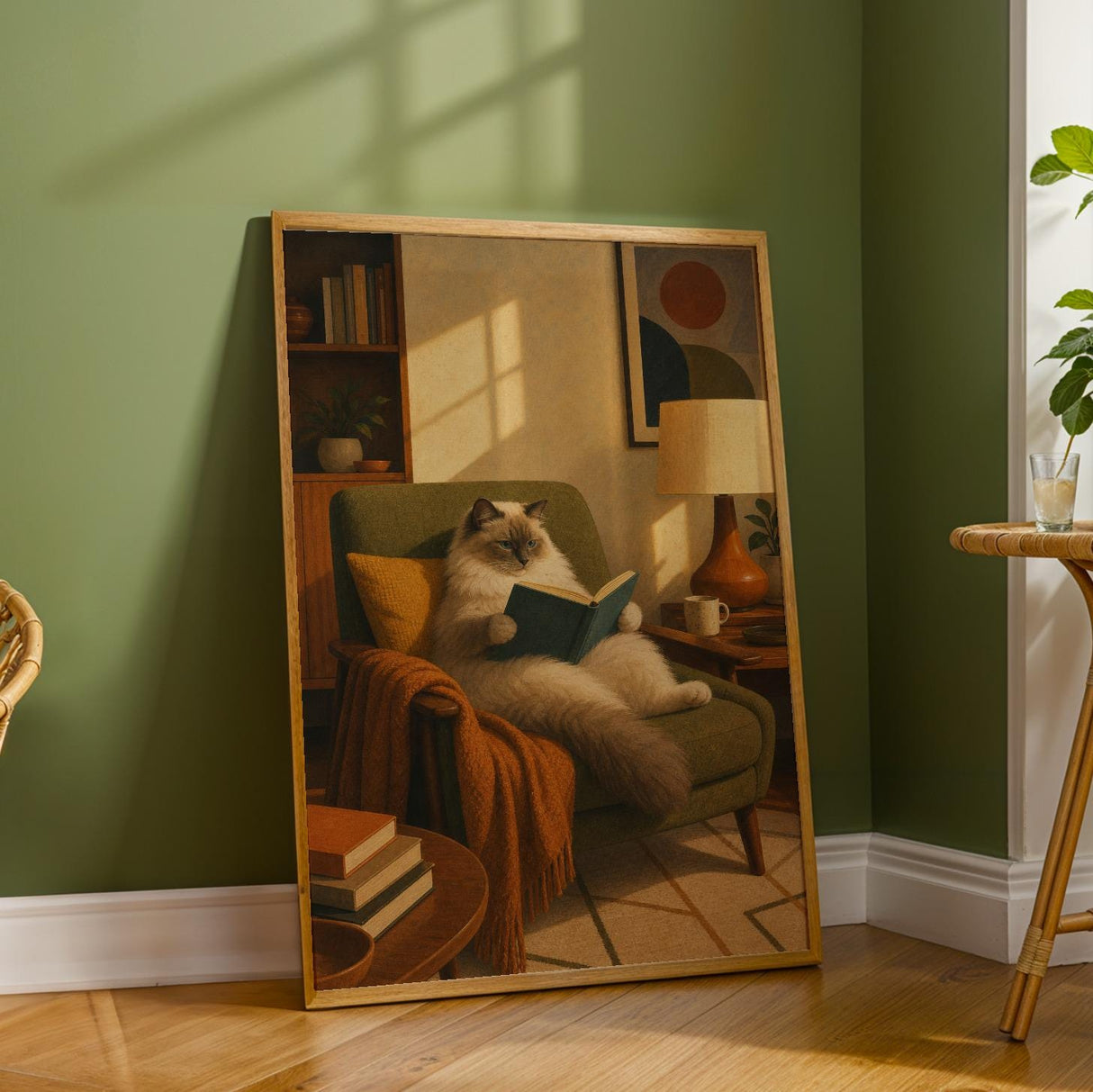 Ragdoll Cat Reading in Armchair Poster | Retro Painterly Cat Wall Art | Olive Green Burnt Orange Decor | Cozy Mid Century Living Room Print