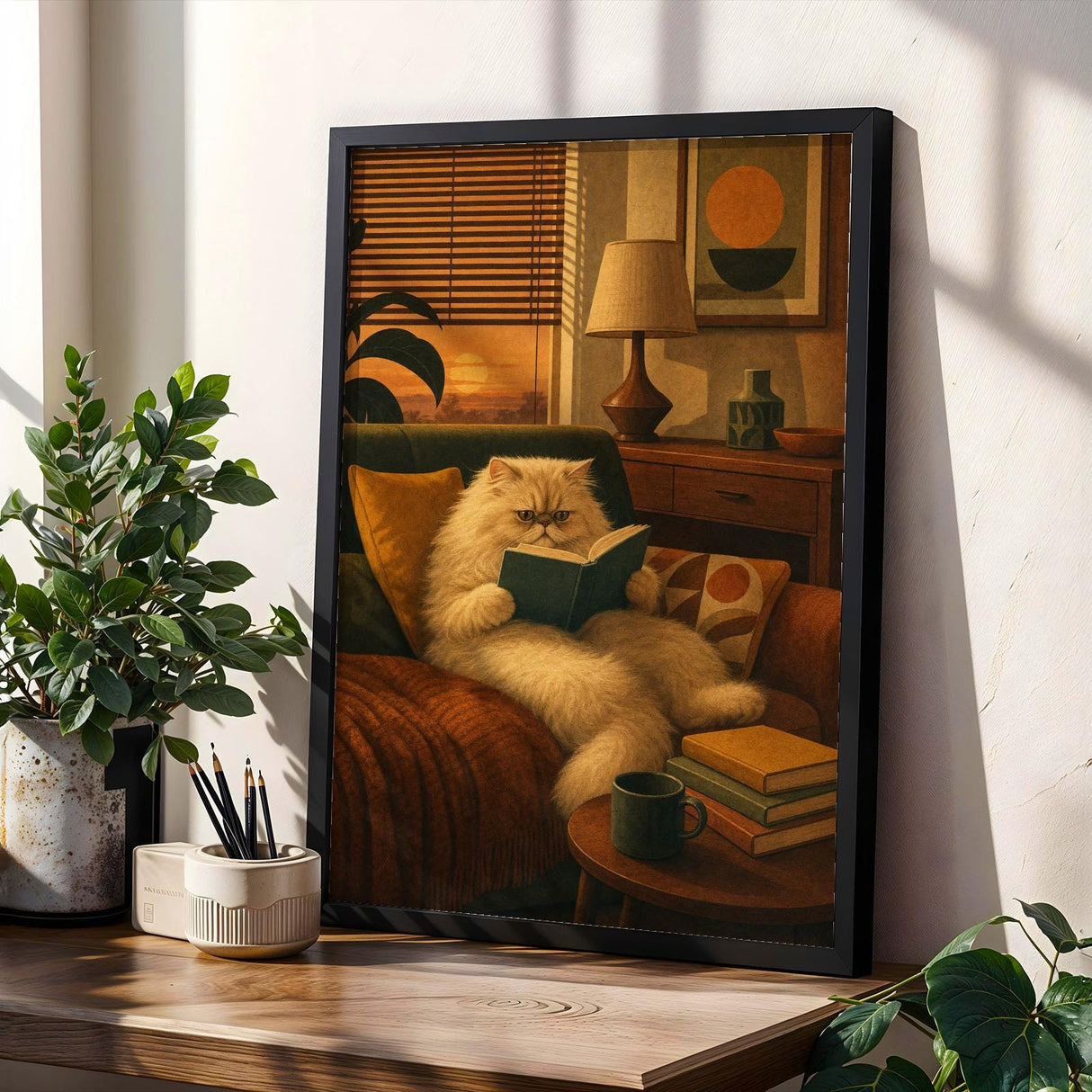 Persian Cat Reading in Armchair Poster | Retro Modern Cat Wall Art | Mustard Yellow Walnut Brown Decor | Cozy Mid Century Living Room Print