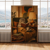 Scottish Fold Cat Reading in Armchair Poster | Mid Century Modern Cat Wall Art Decor | Cozy Retro Living Room Print | Cat Lover Gift