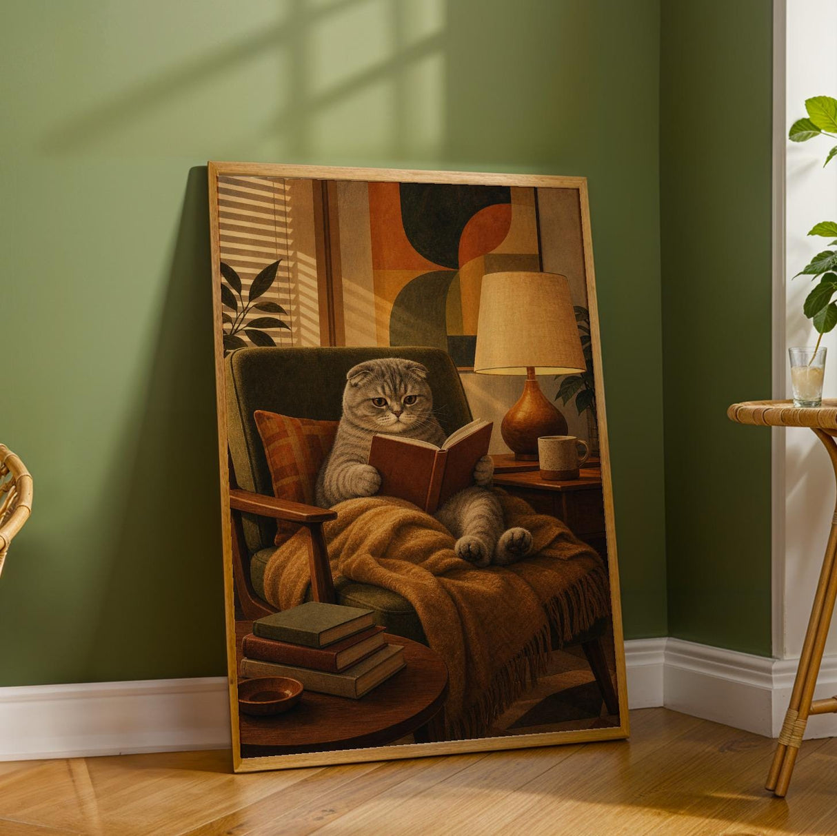 Scottish Fold Cat Reading in Armchair Poster | Mid Century Modern Cat Wall Art Decor | Cozy Retro Living Room Print | Cat Lover Gift