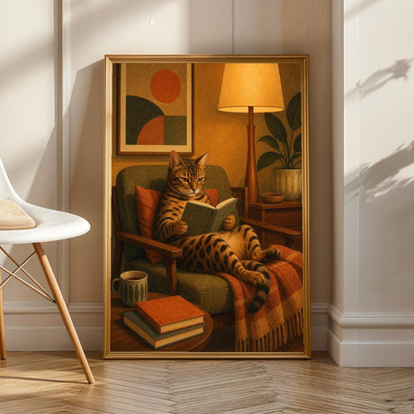 Bengal Cat Reading in Armchair Poster | Mid Century Modern Cat Wall Art | Mustard Yellow Burnt Orange Decor | Cozy Retro Living Room Print