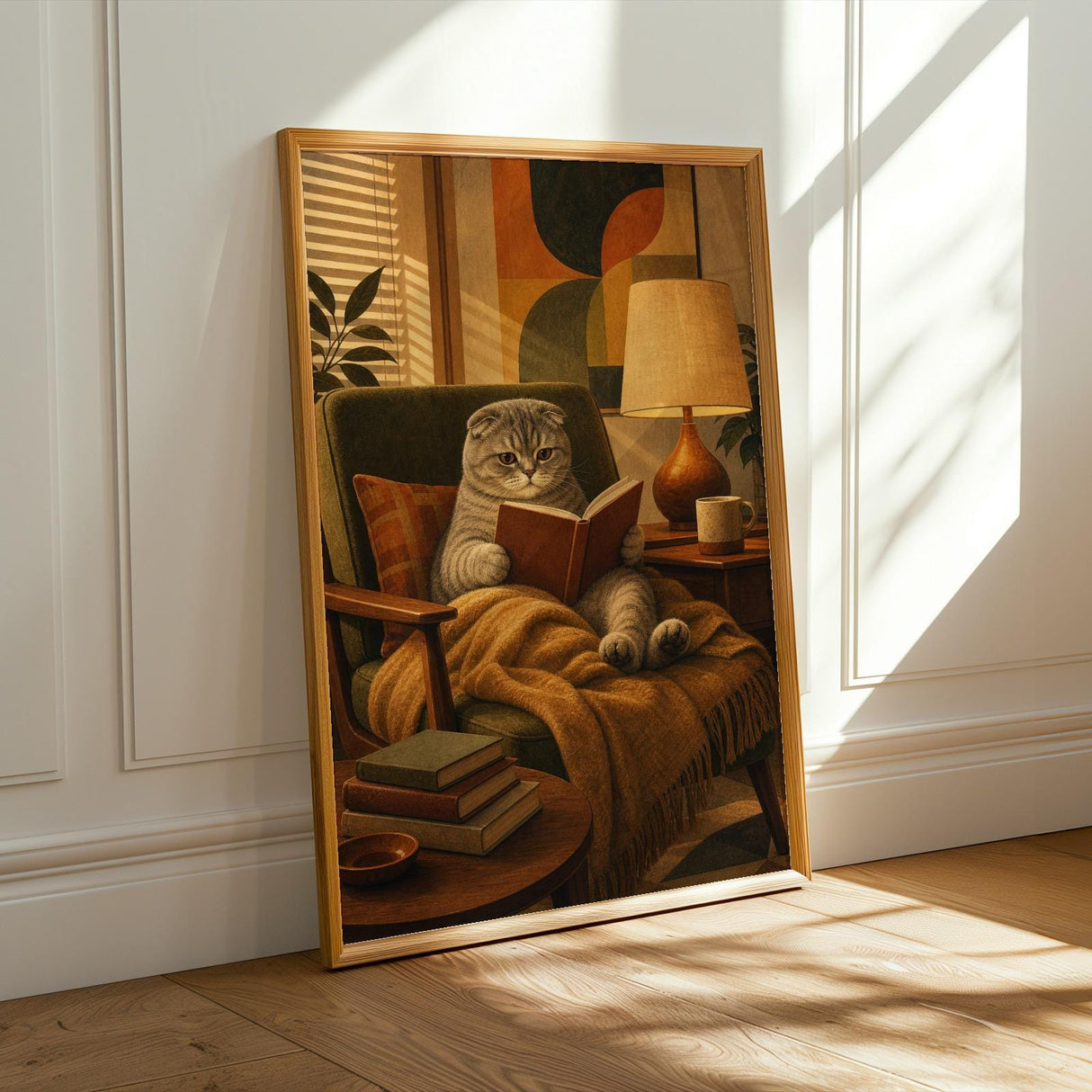 Scottish Fold Cat Reading in Armchair Poster | Mid Century Modern Cat Wall Art Decor | Cozy Retro Living Room Print | Cat Lover Gift