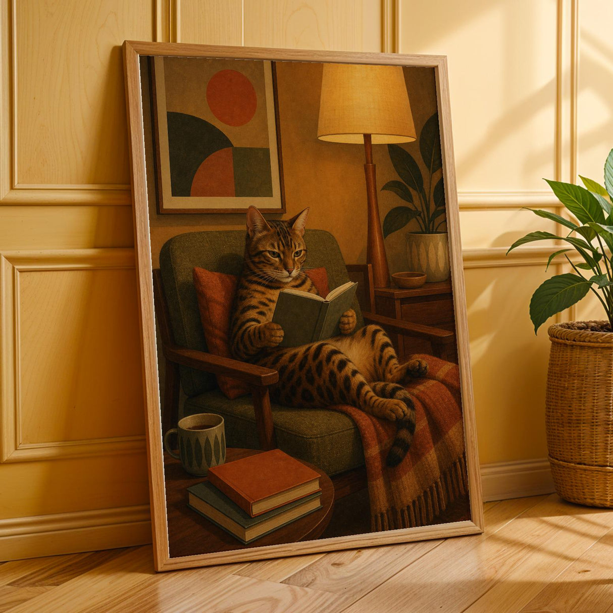Bengal Cat Reading in Armchair Poster | Mid Century Modern Cat Wall Art | Mustard Yellow Burnt Orange Decor | Cozy Retro Living Room Print