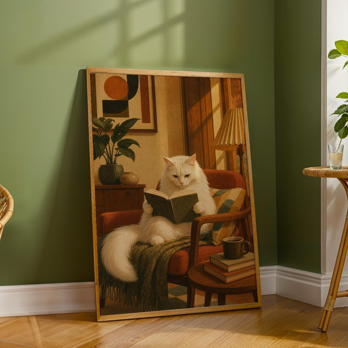 Turkish Angora Cat Reading in Armchair Poster | Retro Modern Cat Wall Art | Warm Cream Yellow Decor | Cozy Mid Century Living Room Print