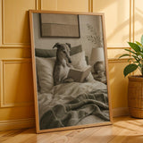 Greyhound Dog Reading In Bed Art Print - Soft Gouache, Warm Beige and Oat Milk