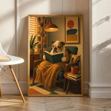 English Bulldog Reading a Book Poster | Modern Dog Wall Art Print | Mustard Yellow Burnt Orange Decor | Cozy Reading Nook Art