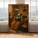 English Bulldog Reading a Book Poster | Modern Dog Wall Art Print | Mustard Yellow Burnt Orange Decor | Cozy Reading Nook Art
