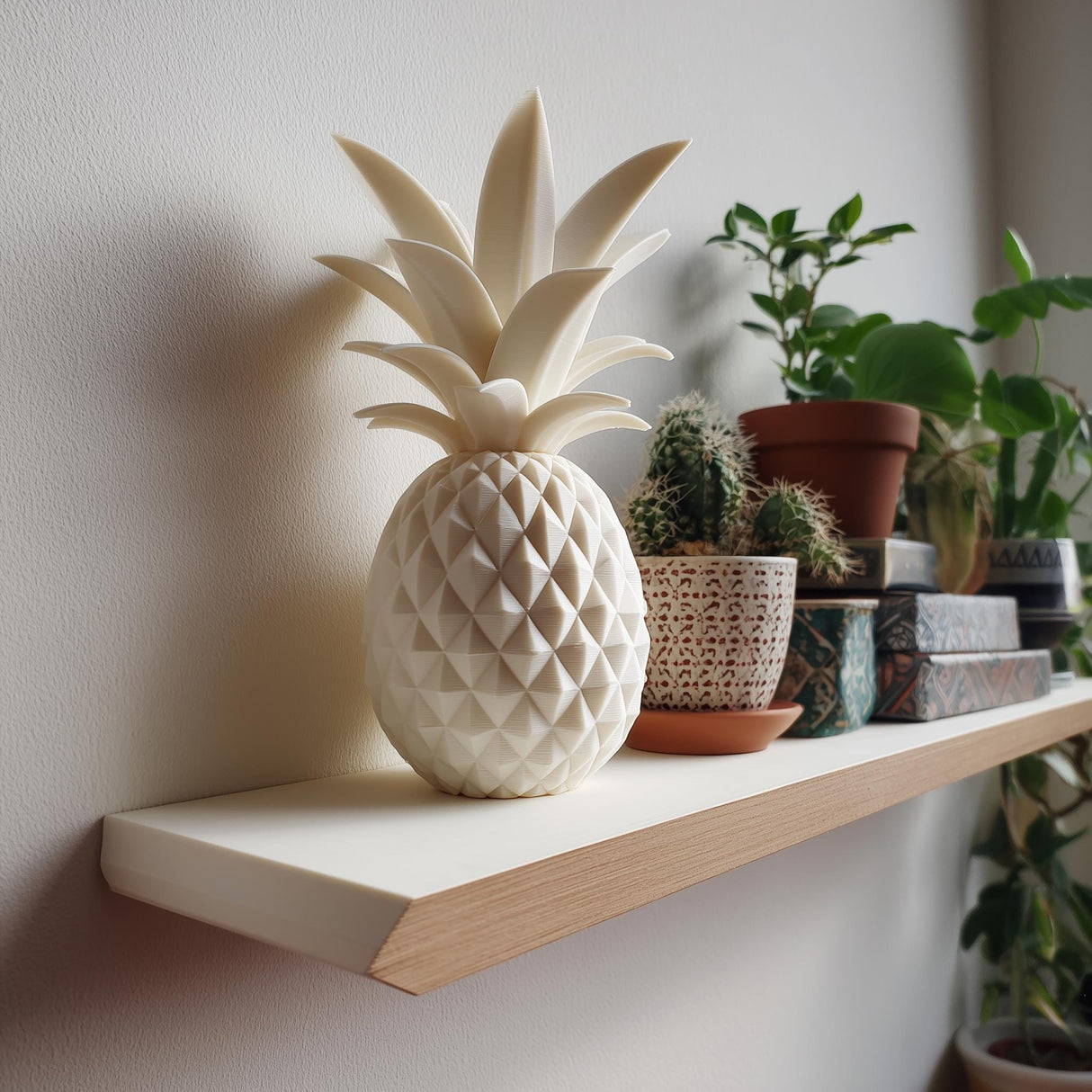 3D printed geometric pineapple memorial urn in matte PLA displayed on a floating wall shelf beside indoor plants in a modern interior.