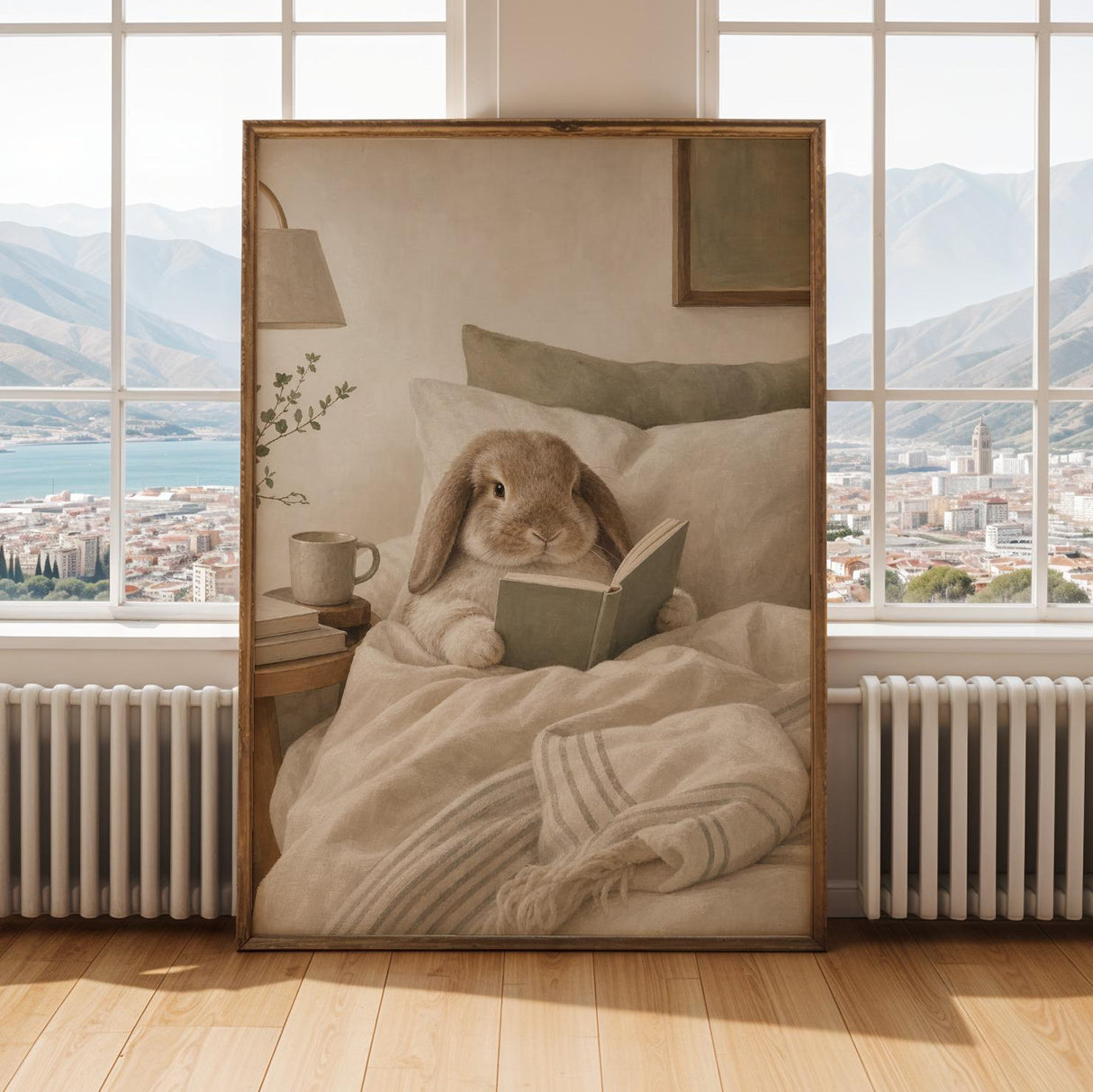 Holland Lop Rabbit Reading in Bed Poster | Scandinavian Gouache Bunny Wall Art | Warm Oat Milk Neutral Decor | Cozy Minimalist Bedroom Print
