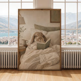 Holland Lop Rabbit Reading in Bed Poster | Scandinavian Gouache Bunny Wall Art | Warm Oat Milk Neutral Decor | Cozy Minimalist Bedroom Print