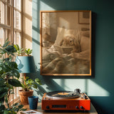 Mini Lop Rabbit Reading in Bed Poster | Modern Gouache Bunny Wall Art | Warm Beige Dusty Sage Decor | Cozy Scandinavian Bedroom Print