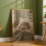 Mini Lop Rabbit Reading in Bed Poster | Modern Gouache Bunny Wall Art | Warm Beige Dusty Sage Decor | Cozy Scandinavian Bedroom Print