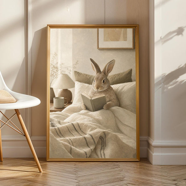 Californian Rabbit Reading in Bed Poster | Modern Gouache Bunny Wall Art | Warm Beige Oat Milk Decor | Cozy Scandinavian Bedroom Print
