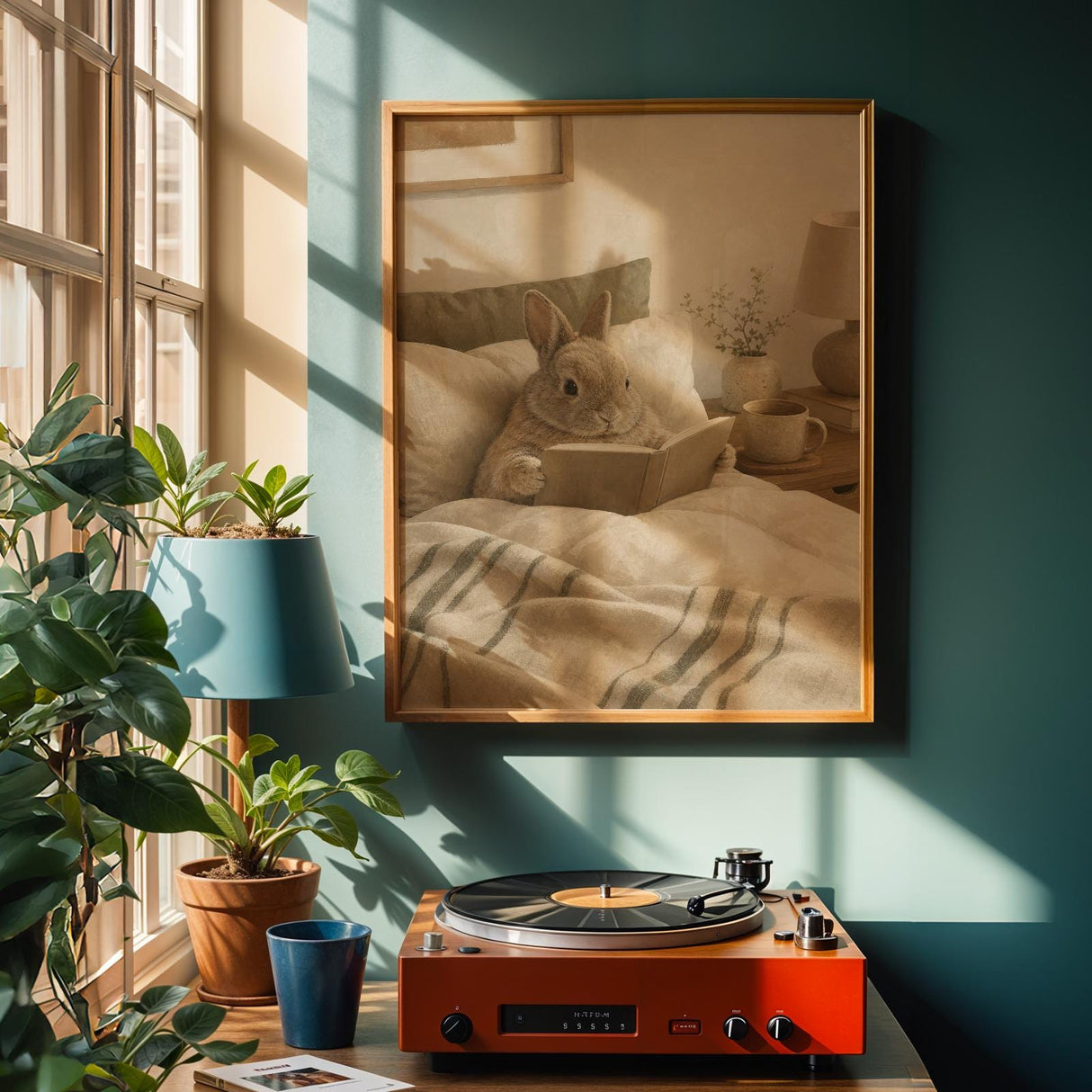 Netherland Dwarf Rabbit Reading in Bed Poster | Modern Gouache Bunny Wall Art | Warm Neutral Bedroom Decor | Cozy Minimalist Nook Print