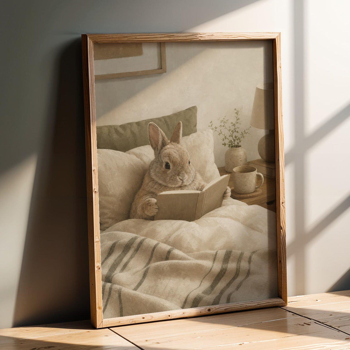 Netherland Dwarf Rabbit Reading in Bed Poster | Modern Gouache Bunny Wall Art | Warm Neutral Bedroom Decor | Cozy Minimalist Nook Print