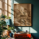 Angora Rabbit Reading in Bed Poster | Scandinavian Gouache Bunny Wall Art | Warm Neutral Nordic Decor | Cozy Minimalist Living Room Print