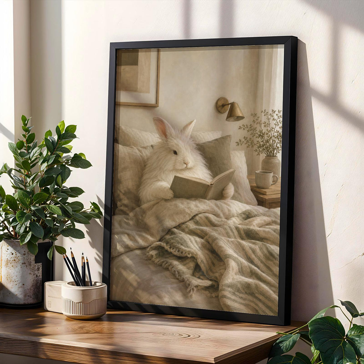 Angora Rabbit Reading in Bed Poster | Scandinavian Gouache Bunny Wall Art | Warm Neutral Nordic Decor | Cozy Minimalist Living Room Print