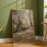 Satin Rabbit Reading in Bed Poster | Scandinavian Gouache Bunny Wall Art | Warm Neutral Nordic Decor | Cozy Minimalist Bedroom Nook Print