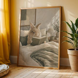 Lionhead Rabbit Reading in Bed Poster | Modern Gouache Bunny Wall Art | Warm Neutral Bedroom Decor Print | Cozy Minimalist Nook Art