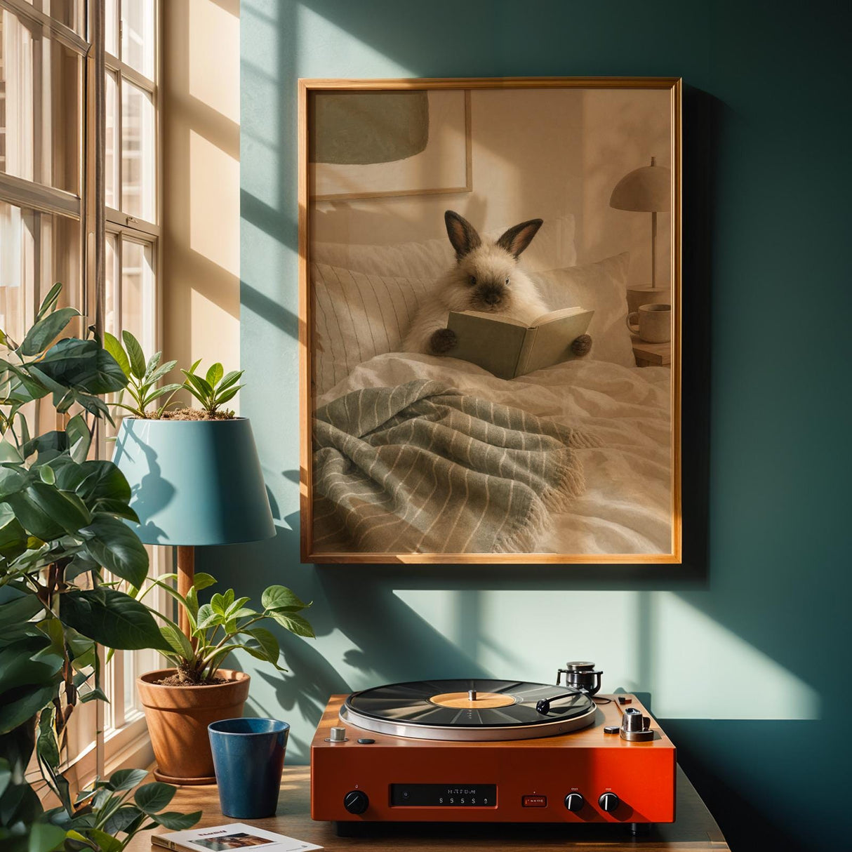 Himalayan Rabbit Reading in Bed Poster | Scandinavian Gouache Bunny Wall Art | Warm Beige Soft Ivory Decor | Cozy Minimalist Bedroom Print
