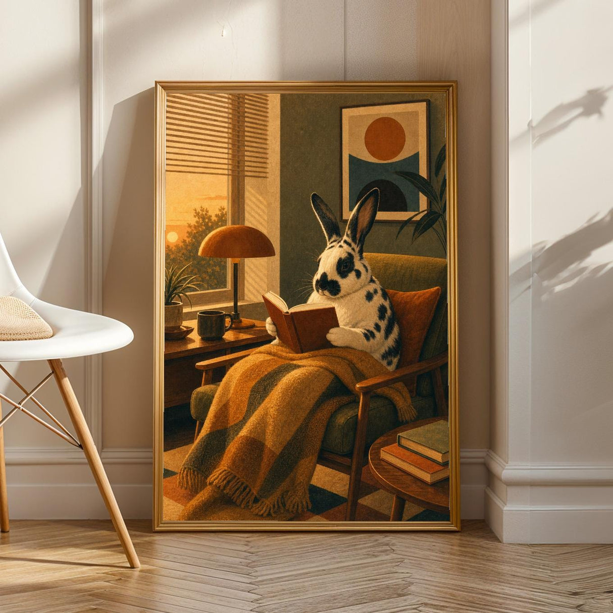 Harlequin Rabbit Reading in Armchair Poster | Retro Modern Bunny Wall Art Decor | Cozy Mid Century Living Room Print