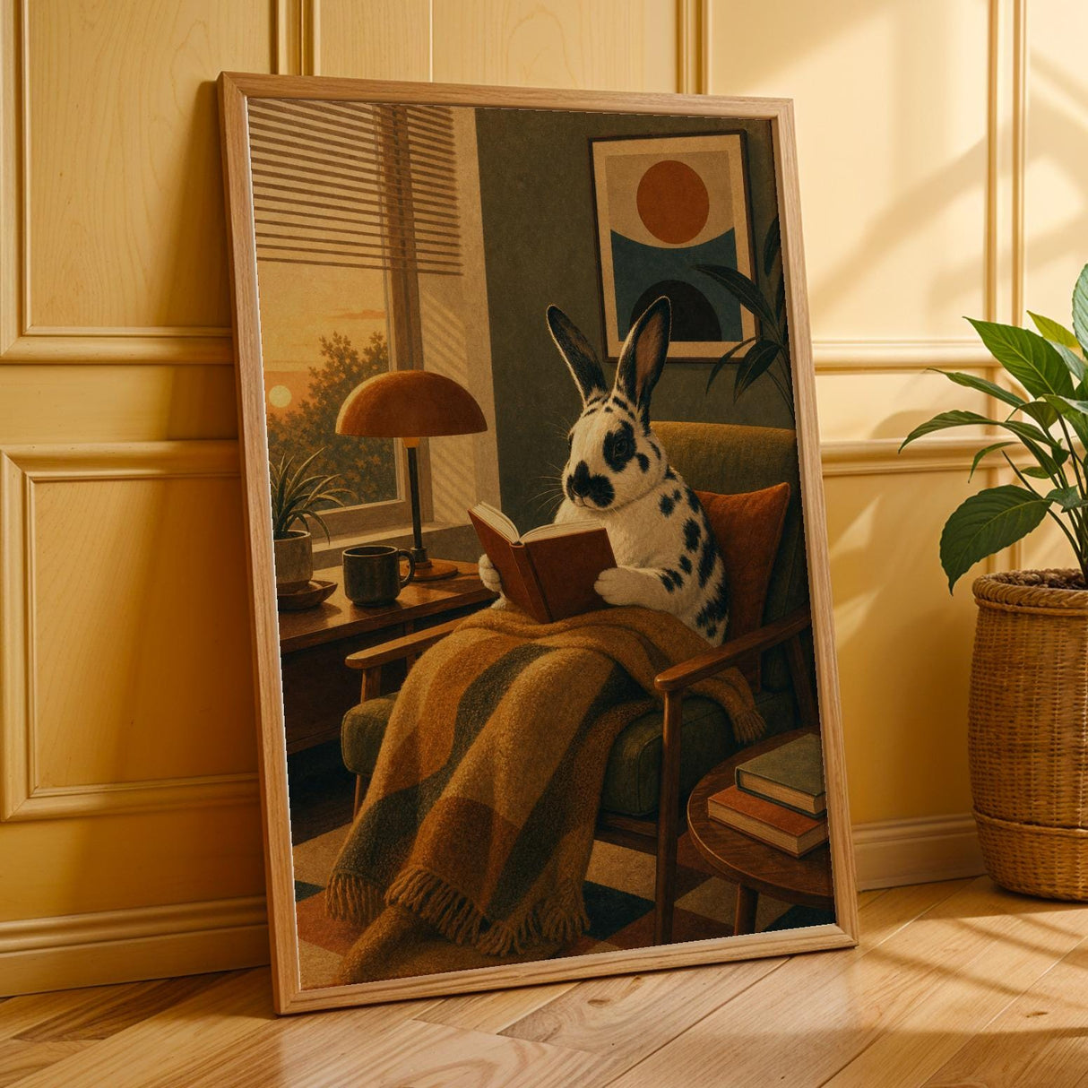 Harlequin Rabbit Reading in Armchair Poster | Retro Modern Bunny Wall Art Decor | Cozy Mid Century Living Room Print