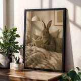 Flemish Rabbit Reading in Bed Poster | Nordic Gouache Bunny Wall Art | Warm Oat Milk Neutral Decor | Cozy Minimalist Bedroom Print