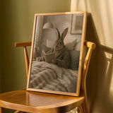 Flemish Rabbit Reading in Bed Poster | Nordic Gouache Bunny Wall Art | Warm Oat Milk Neutral Decor | Cozy Minimalist Bedroom Print