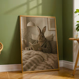 Flemish Rabbit Reading in Bed Poster | Nordic Gouache Bunny Wall Art | Warm Oat Milk Neutral Decor | Cozy Minimalist Bedroom Print