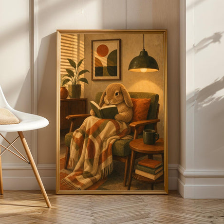 Mini Lop Rabbit Reading in Armchair Poster | Retro Modern Bunny Wall Art | Orange Olive Green Decor | Cozy Mid Century Living Room Print