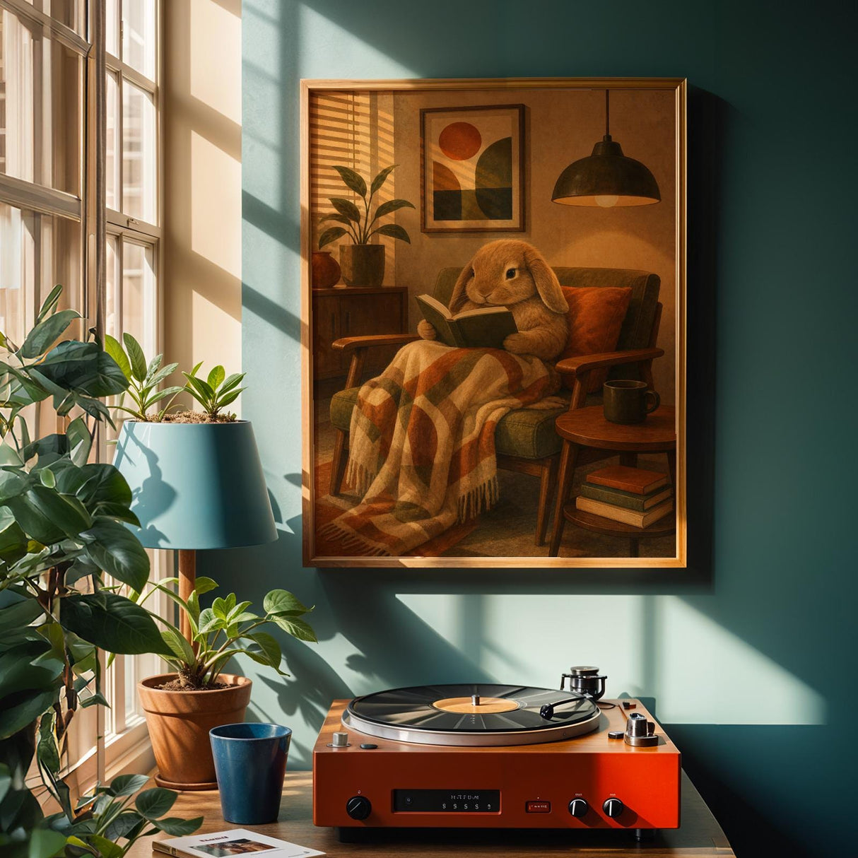 Mini Lop Rabbit Reading in Armchair Poster | Retro Modern Bunny Wall Art | Orange Olive Green Decor | Cozy Mid Century Living Room Print