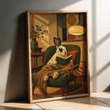 English Spot Rabbit Reading in Armchair Poster | Modern Bunny Wall Art | Green Warm Cream Decor | Cozy Reading Nook Living Room Print