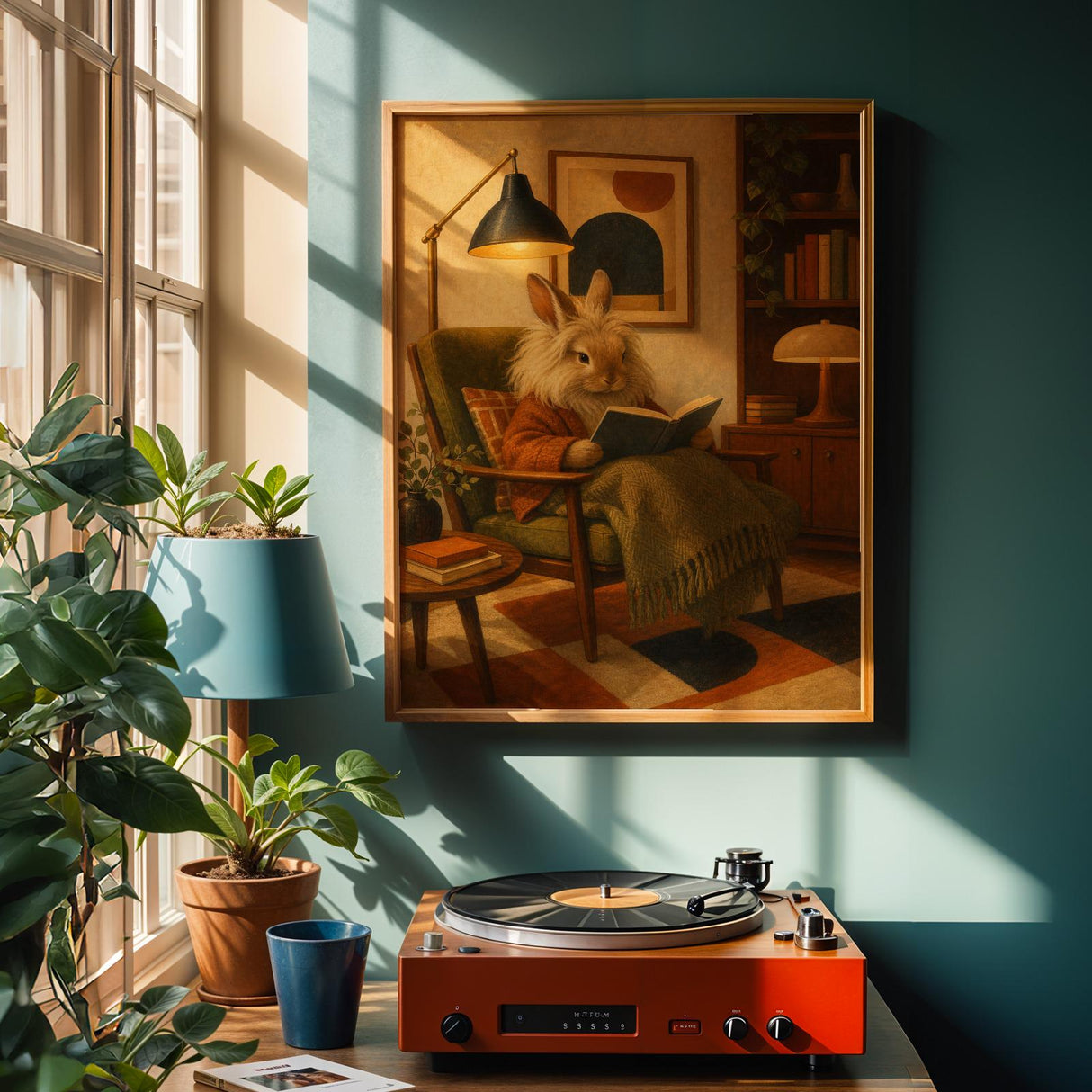 Lionhead Rabbit Reading in Armchair Poster | Retro Painterly Bunny Wall Art | Burnt Orange Warm Cream Decor | Cozy Mid Century Bedroom Print