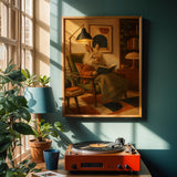 Lionhead Rabbit Reading in Armchair Poster | Retro Painterly Bunny Wall Art | Burnt Orange Warm Cream Decor | Cozy Mid Century Bedroom Print