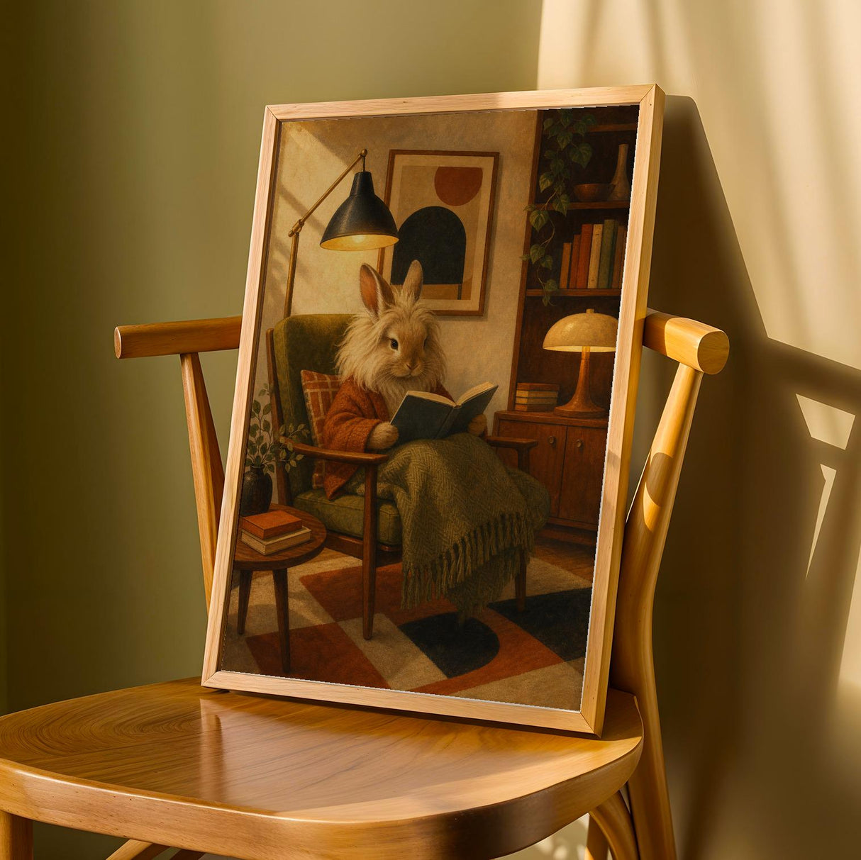 Lionhead Rabbit Reading in Armchair Poster | Retro Painterly Bunny Wall Art | Burnt Orange Warm Cream Decor | Cozy Mid Century Bedroom Print