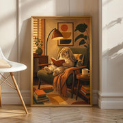 French Lop Rabbit Reading in Armchair illustrated in Retro Painterly style on a poster