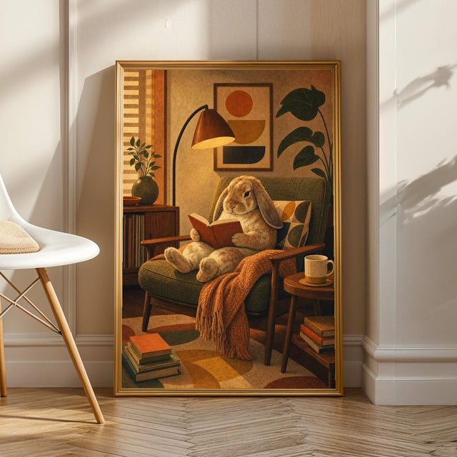French Lop Rabbit Reading in Armchair Poster | Retro Painterly Bunny Wall Art | Muted Burnt Orange Decor | Cozy Mid Century Bedroom Print