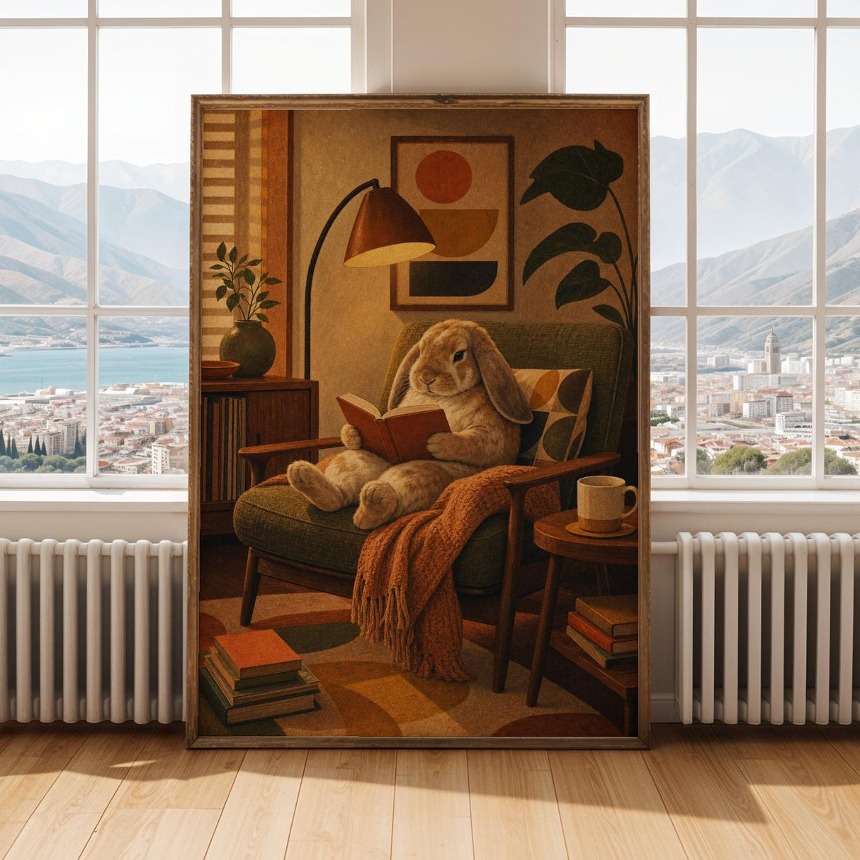 French Lop Rabbit Reading in Armchair Poster | Retro Painterly Bunny Wall Art | Muted Burnt Orange Decor | Cozy Mid Century Bedroom Print