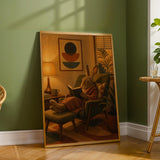 Havana Rabbit Reading in Armchair Poster | Retro Modern Bunny Wall Art | Mustard Yellow Burnt Orange Decor | Cozy Mid Century Bedroom Print