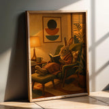 Havana Rabbit Reading in Armchair Poster | Retro Modern Bunny Wall Art | Mustard Yellow Burnt Orange Decor | Cozy Mid Century Bedroom Print