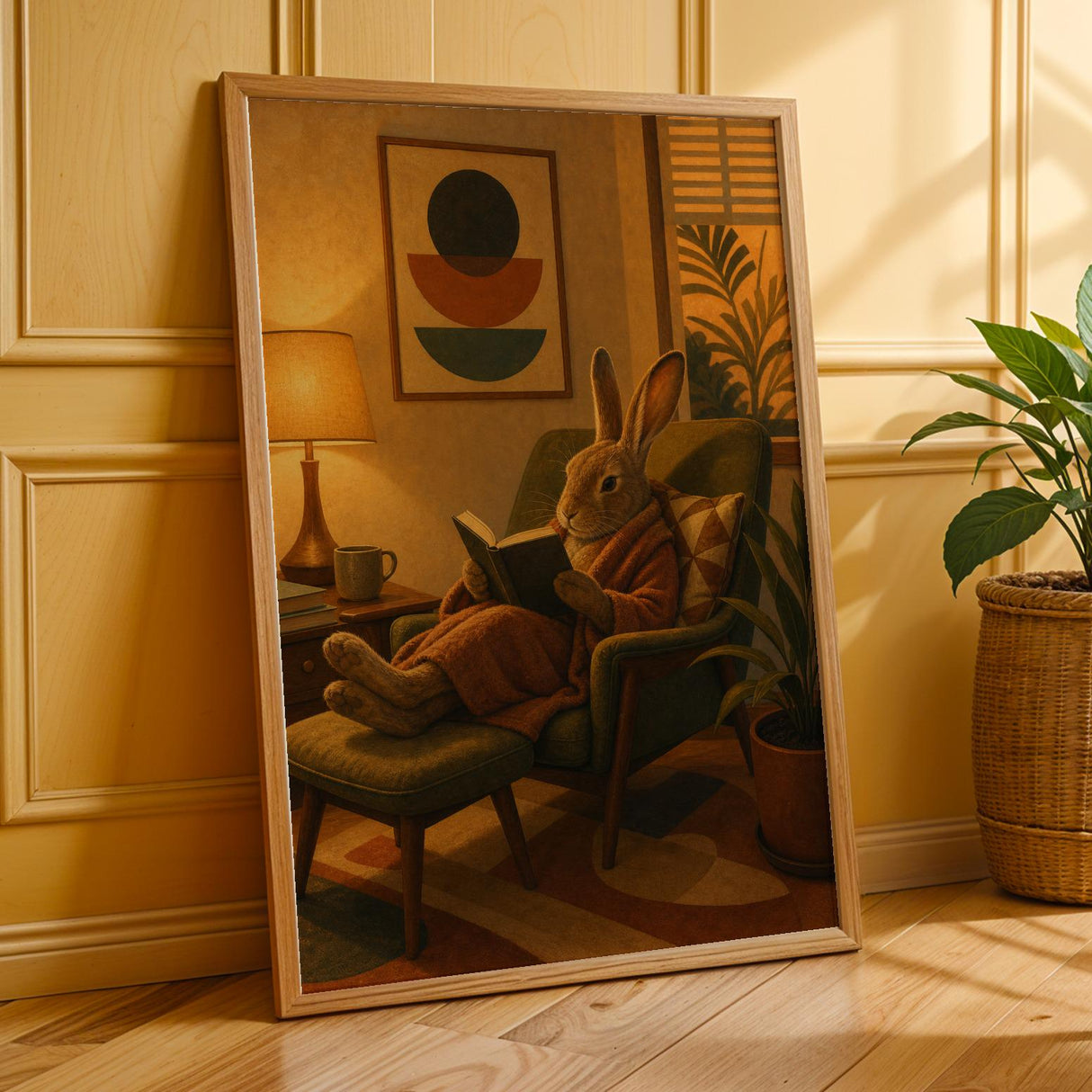 Havana Rabbit Reading in Armchair Poster | Retro Modern Bunny Wall Art | Mustard Yellow Burnt Orange Decor | Cozy Mid Century Bedroom Print