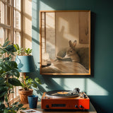 Californian Rabbit Reading in Bed Poster | Japanese Zen Sumi-e Bunny Wall Art | Warm Ivory Fog Gray Decor | Minimalist Bedroom Print