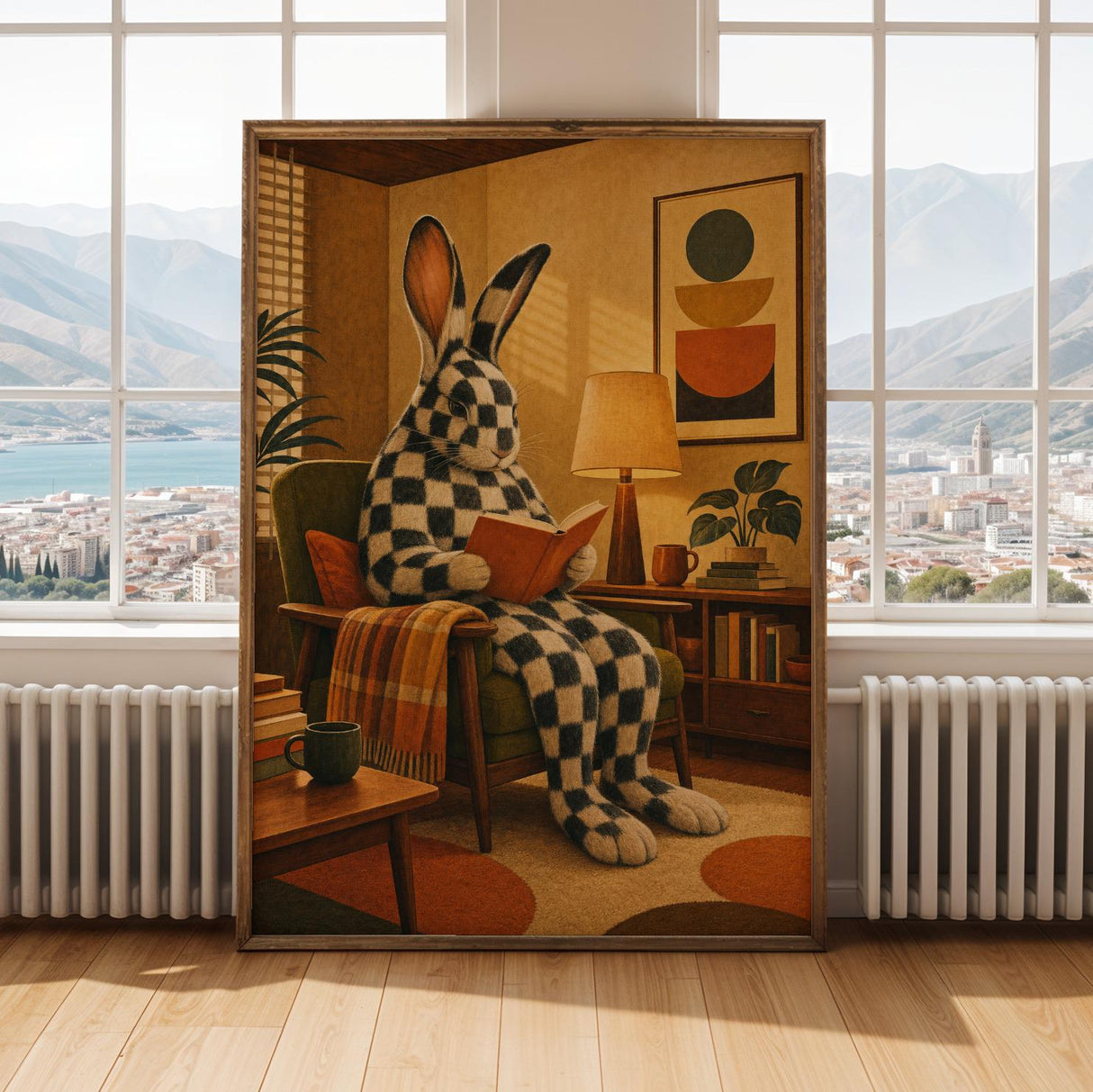 Checkered Giant Rabbit Reading in Armchair Poster | Mid Century Modern Bunny Wall Art | Yellow Brown Decor | Cozy Retro Living Room Print