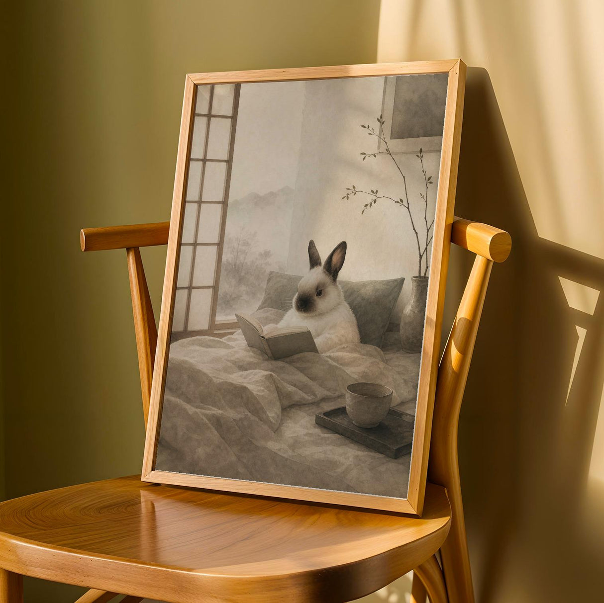 Himalayan Rabbit Reading in Bed Poster | Japanese Zen Ink Wash Bunny Wall Art | Warm Ivory Fog Gray Decor | Minimalist Bedroom Print