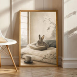 Mini Rex Rabbit Reading in Bed Poster | Japanese Zen Sumi-e Bunny Wall Art | Warm Ivory Fog Gray Decor | Minimalist Bedroom Print