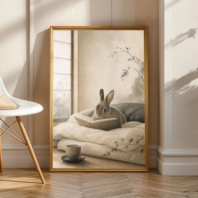 Mini Rex Rabbit Reading in Bed Poster | Japanese Zen Sumi-e Bunny Wall Art | Warm Ivory Fog Gray Decor | Minimalist Bedroom Print