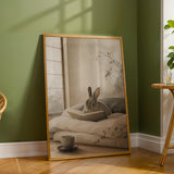 Mini Rex Rabbit Reading in Bed Poster | Japanese Zen Sumi-e Bunny Wall Art | Warm Ivory Fog Gray Decor | Minimalist Bedroom Print
