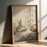 Satin Rabbit Reading in Bed Poster | Japanese Zen Sumi-e Bunny Wall Art | Warm Ivory Fog Gray Decor | Minimalist Bedroom Print