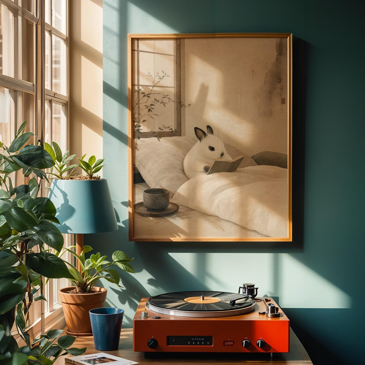 Dwarf Hotot Rabbit Reading in Bed Poster | Japanese Zen Sumi-e Bunny Wall Art | Warm Ivory Fog Gray Decor | Minimalist Bedroom Print
